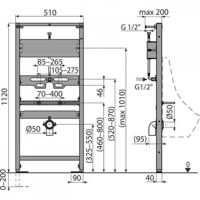 Alcaplast szerelőkeret piszoárhoz 1120 mm infra előkészítéssel A107S/1120 rajz